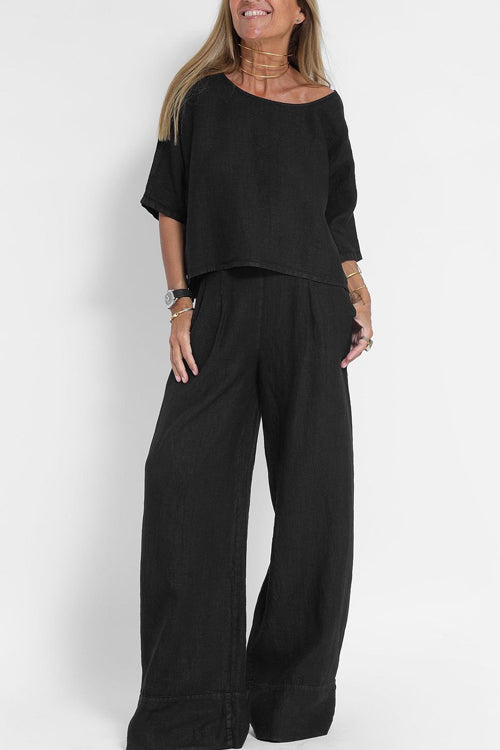 Lola Set | Katoen-Linnen Damespak met Cropped Top en High-Waist Wijde Broek