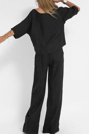 Lola Set | Katoen-Linnen Damespak met Cropped Top en High-Waist Wijde Broek