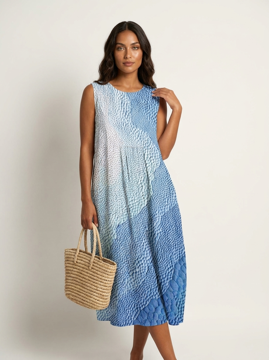 Luchtige Midi Damesjurk Elara met Print, Mouwloos en Steekzakken - Blauw 1/Blauw 2/Veelkleurig 1