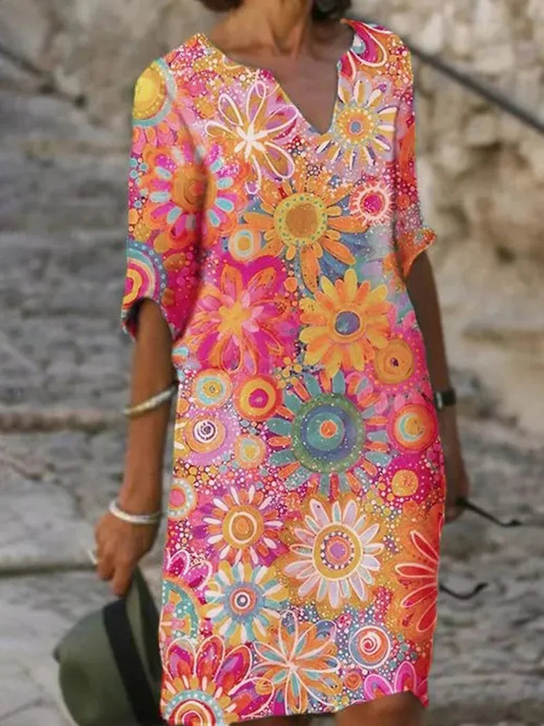 Dames Bloemen Zomerjurk Kleurrijke Print Korte Mouwen Oversized Casual - Groen / Geel / Roze - Maelen