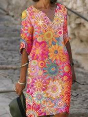 Dames Bloemen Zomerjurk Kleurrijke Print Korte Mouwen Oversized Casual - Groen / Geel / Roze - Maelen