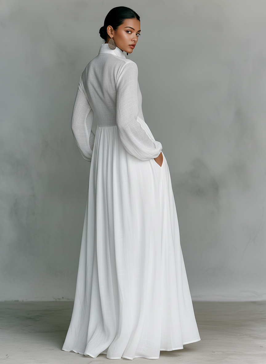 Dames Maxi Jurk Katoen Linnen Staande Kraag Lange Mouwen Enknoops - Wit / Blauw / Zwart - Maelen