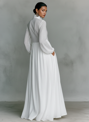 Dames Maxi Jurk Katoen Linnen Staande Kraag Lange Mouwen Enknoops - Wit / Blauw / Zwart - Maelen