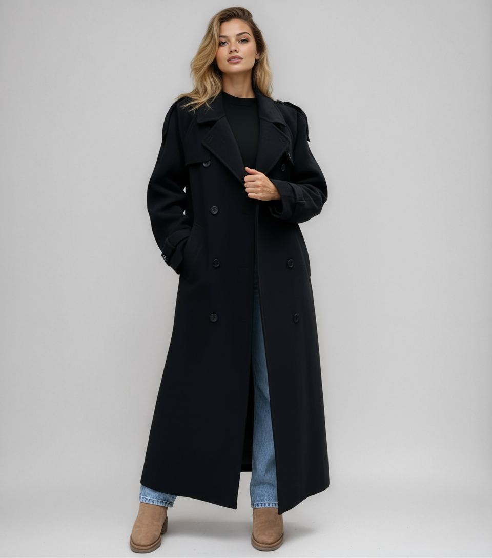 Alessia Lange dames winterjas – zwarte double breasted jas van warme wolmix