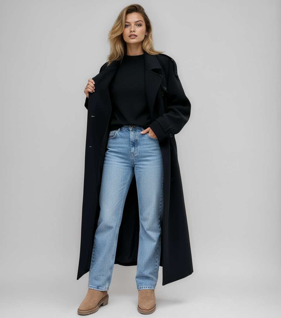 Alessia Lange dames winterjas – zwarte double breasted jas van warme wolmix