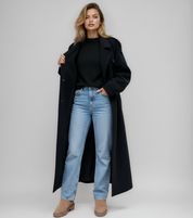 Alessia Lange dames winterjas – zwarte double breasted jas van warme wolmix