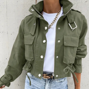 Demi | Stijlvolle Tussenjas Dames Cropped Bomberjack - Stoere Kraag, Trendy en Veelzijdig - Beige/Zwart / Groen
