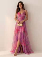 Maxi Jurk Isabella met Watercolor Print, Spaghettibandjes en Split - Groen/Roze/Oranje