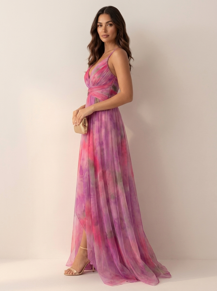 Maxi Jurk Isabella met Watercolor Print, Spaghettibandjes en Split - Groen/Roze/Oranje