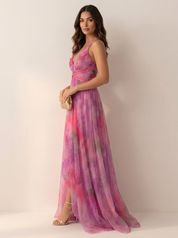 Maxi Jurk Isabella met Watercolor Print, Spaghettibandjes en Split - Groen/Roze/Oranje