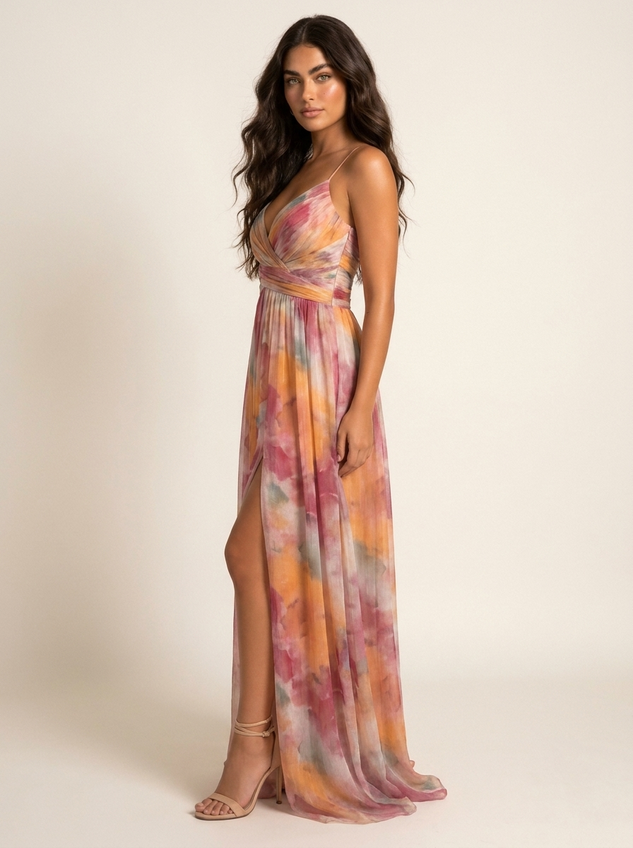 Maxi Jurk Isabella met Watercolor Print, Spaghettibandjes en Split - Groen/Roze/Oranje