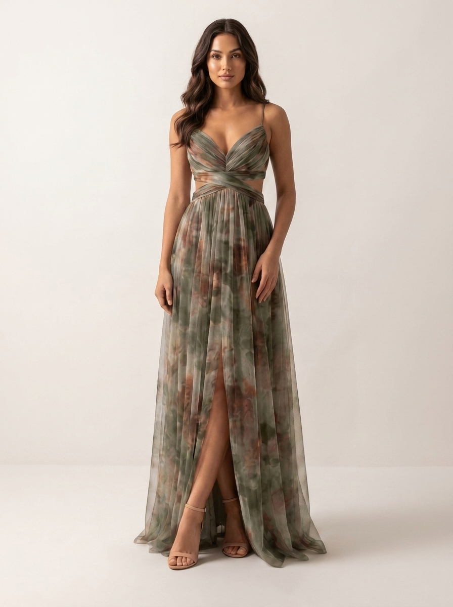 Maxi Jurk Isabella met Watercolor Print, Spaghettibandjes en Split - Groen/Roze/Oranje