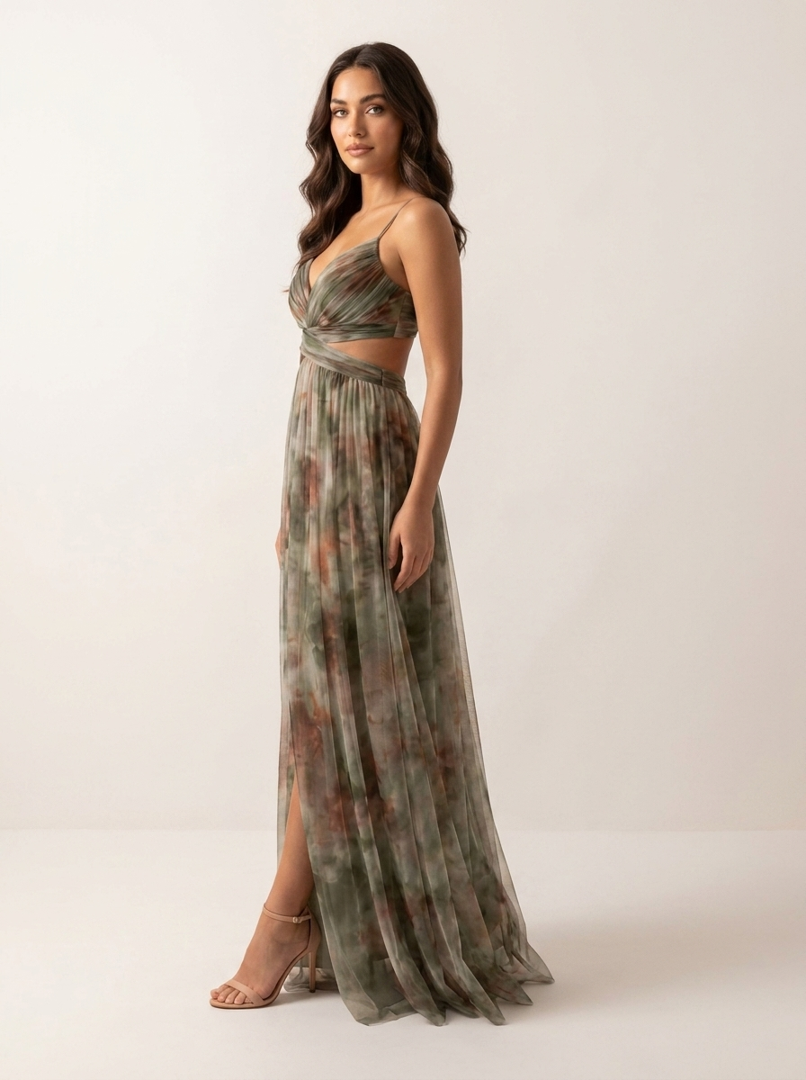 Maxi Jurk Isabella met Watercolor Print, Spaghettibandjes en Split - Groen/Roze/Oranje