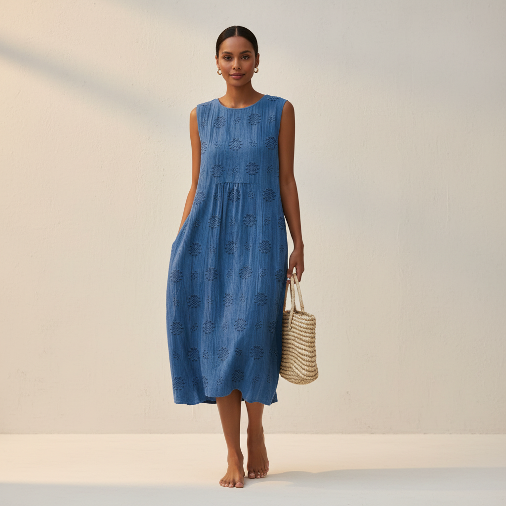 Midi-jurk Elin met Geborduurde Details, Katoenlinnenmix en Mouwloos Ontwerp - Wit/Blauw/Groen
