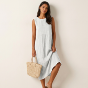 Midi-jurk Elin met Geborduurde Details, Katoenlinnenmix en Mouwloos Ontwerp - Wit/Blauw/Groen