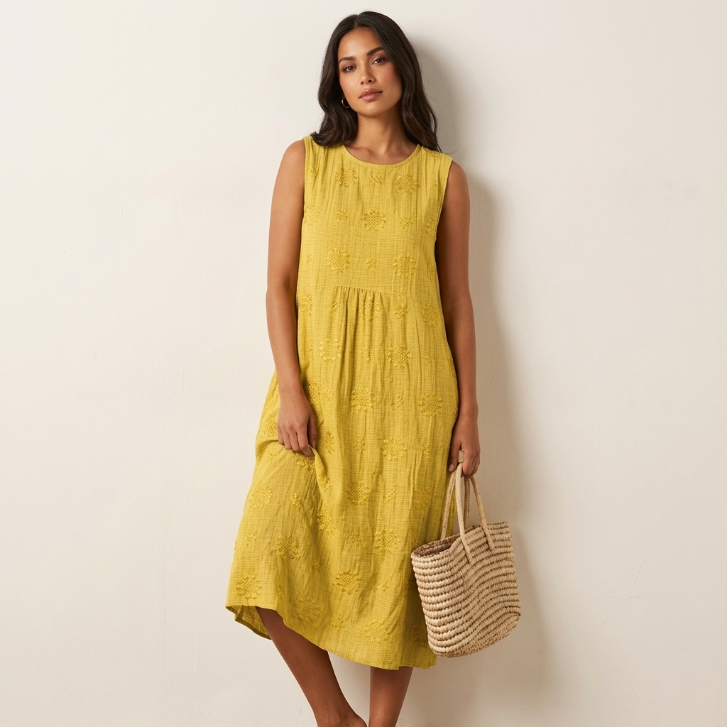 Midi-jurk Elin met Geborduurde Details, Katoenlinnenmix en Mouwloos Ontwerp - Wit/Blauw/Groen