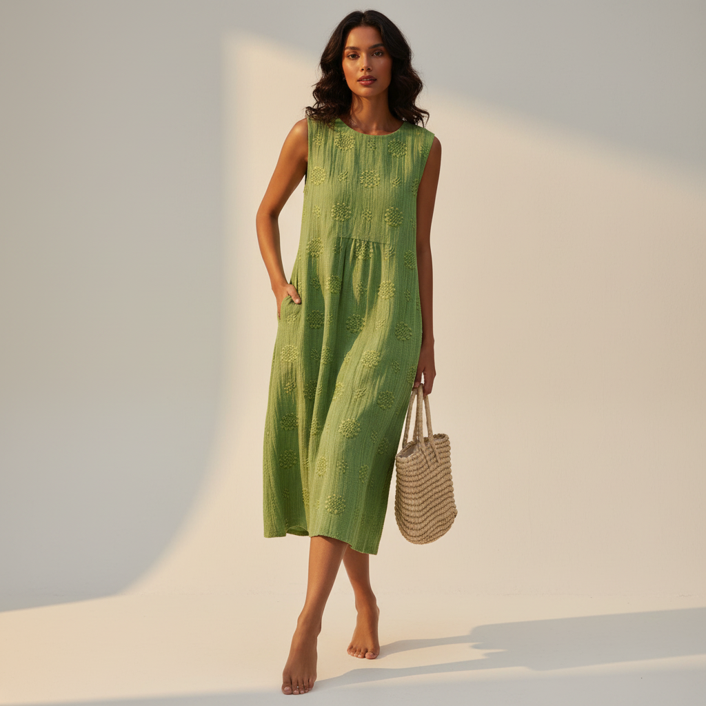 Midi-jurk Elin met Geborduurde Details, Katoenlinnenmix en Mouwloos Ontwerp - Wit/Blauw/Groen