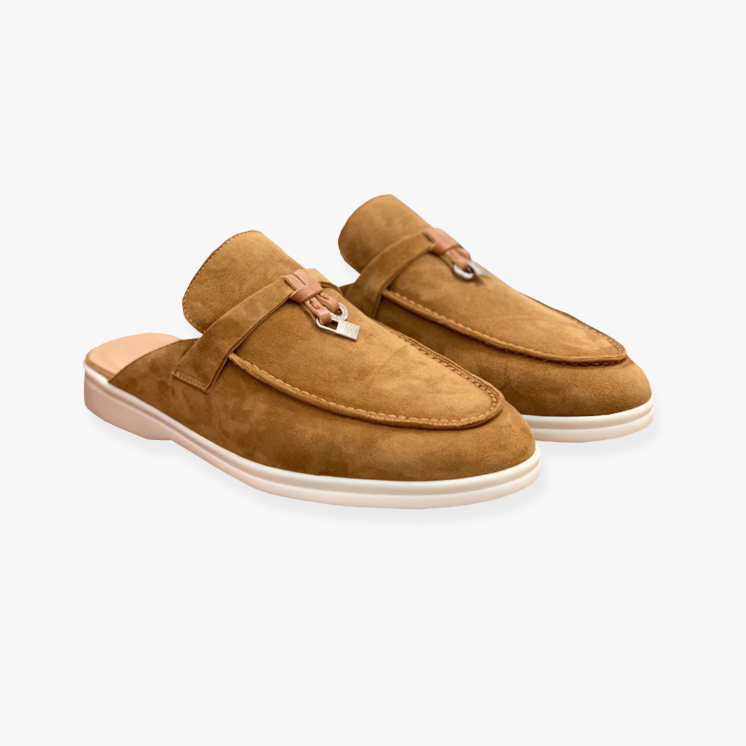 Loafer Mules Dames Suède met Gouden Gesp en Open Hiel - Bruin - Maelen