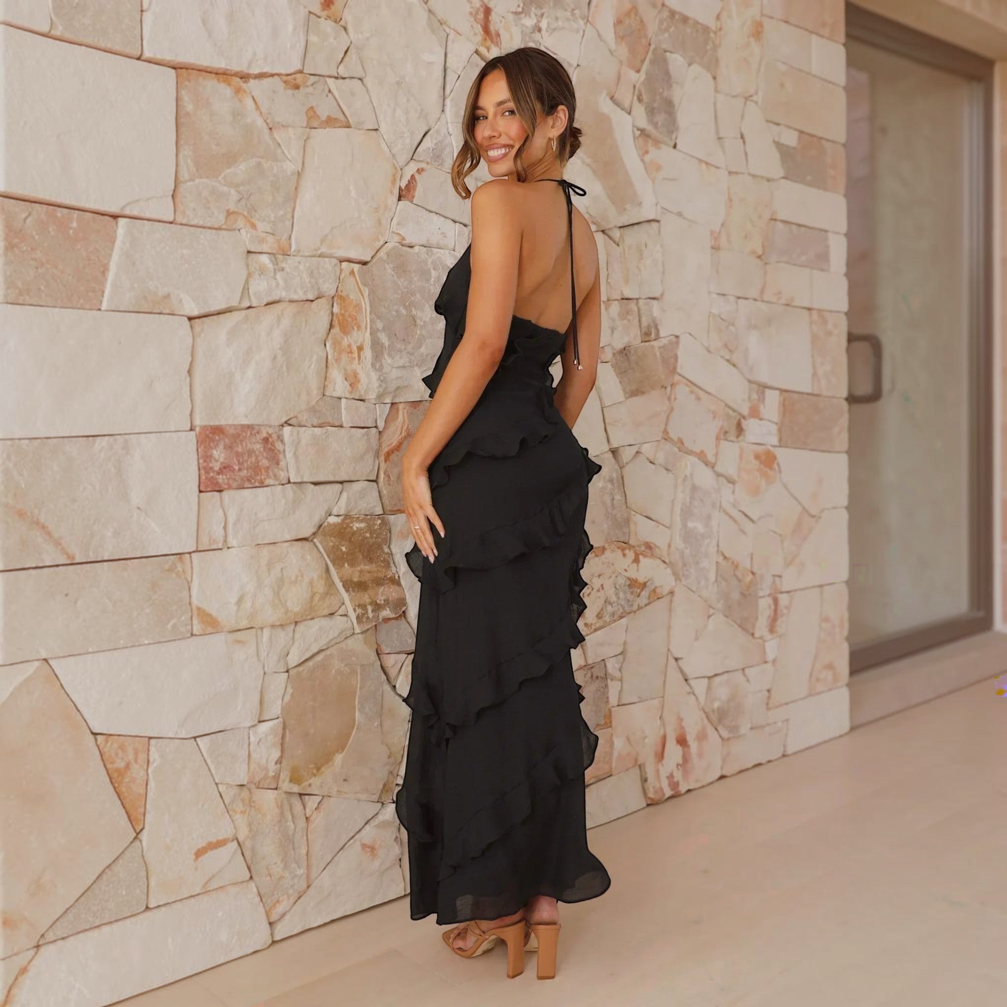 Sienna | Maxi Ruffle Jurk Dames - Elegant, Vloeiend en Feestklaar - Geel / Zwart