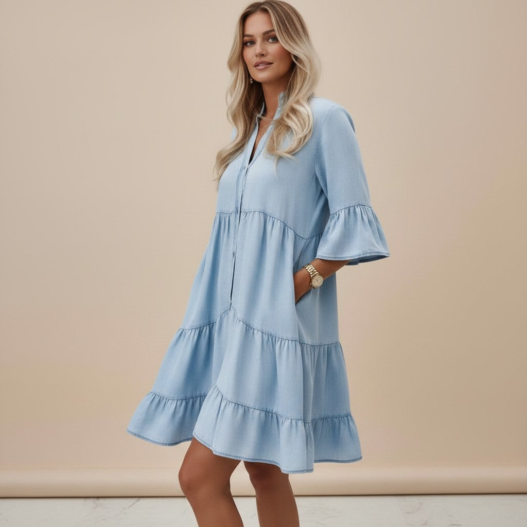 Denim Midi Jurk Dames Mouwloos met A-Lijn en Knoopsluiting - Lichtblauw - Maelen