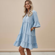 Denim Midi Jurk Dames Mouwloos met A-Lijn en Knoopsluiting - Lichtblauw - Maelen