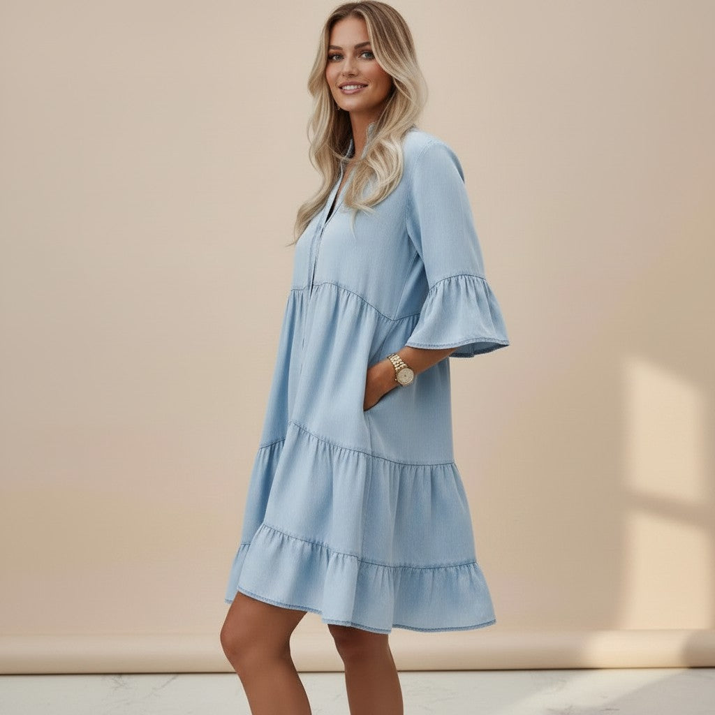 Denim Midi Jurk Dames Mouwloos met A-Lijn en Knoopsluiting - Lichtblauw - Maelen