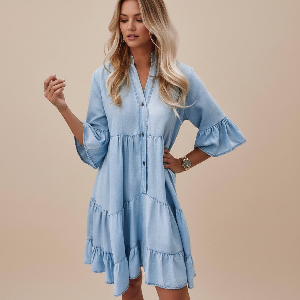 Denim Midi Jurk Dames Mouwloos met A-Lijn en Knoopsluiting - Lichtblauw - Maelen