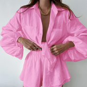 Mollie | Tweedelige Zomerset Dames Linnen Blouse en Casual Shorts - Luchtig, Vrolijk en Strandklaar - Wit / Oranje / Roze