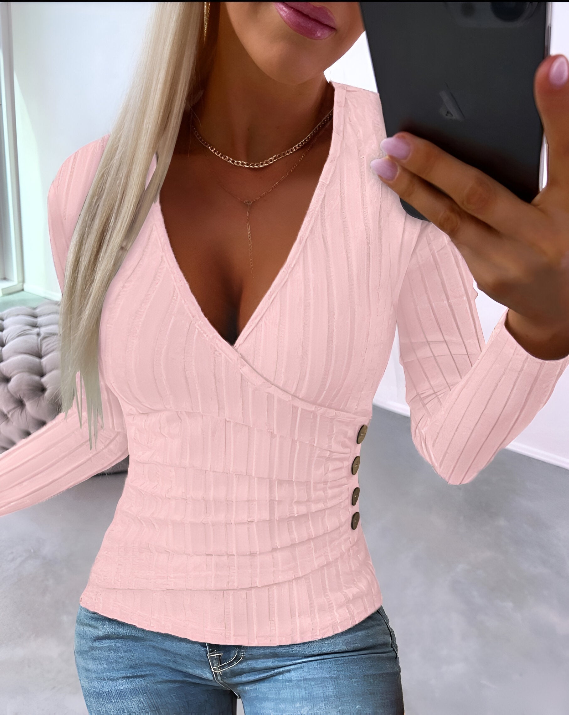 Carlijn Trui | Slank Gebreide Trui met Diepe V-Hals en Lange Mouwen