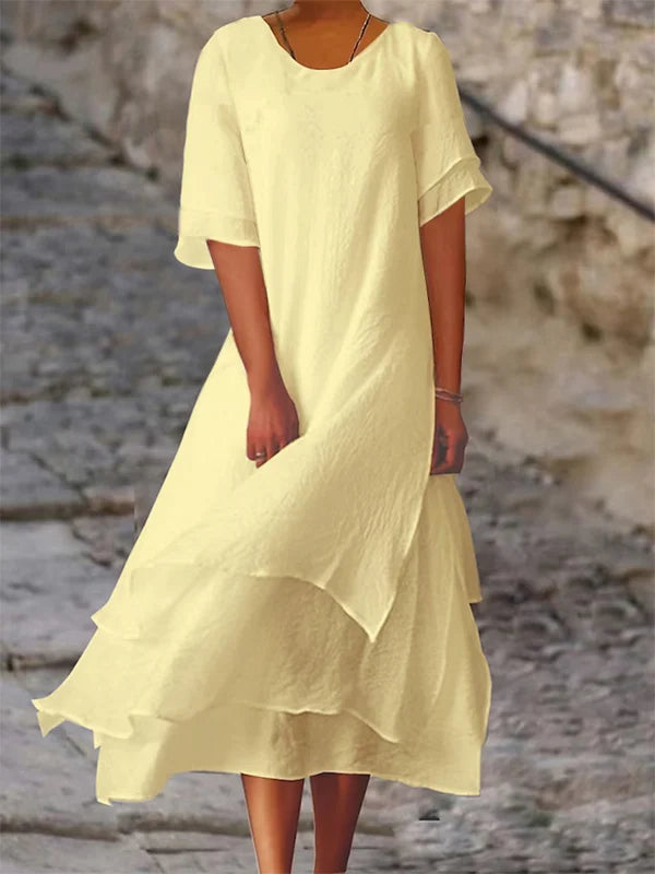 Zomerjurk Dames met Laagjes V-hals Korte Mouwen Luchtig - Wit / Geel / Roze - Maelen