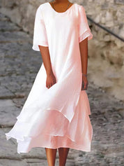 Zomerjurk Dames met Laagjes V-hals Korte Mouwen Luchtig - Wit / Geel / Roze - Maelen