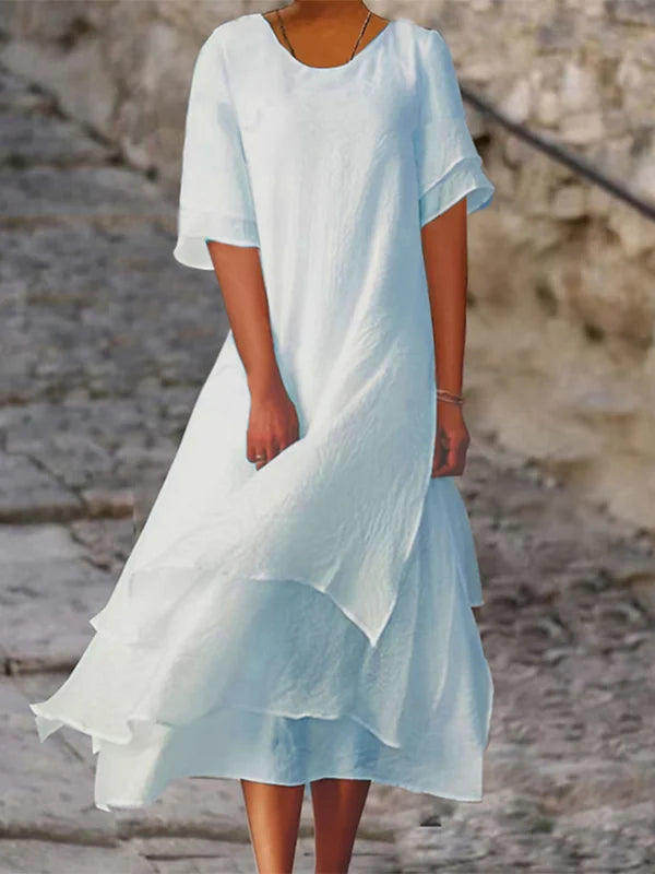 Zomerjurk Dames met Laagjes V-hals Korte Mouwen Luchtig - Wit / Geel / Roze - Maelen