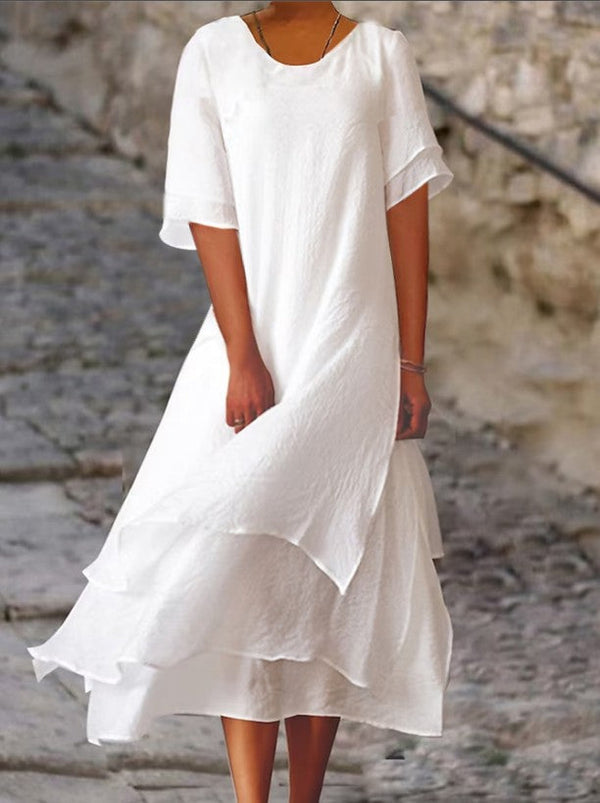 Zomerjurk Dames met Laagjes V-hals Korte Mouwen Luchtig - Wit / Geel / Roze - Maelen