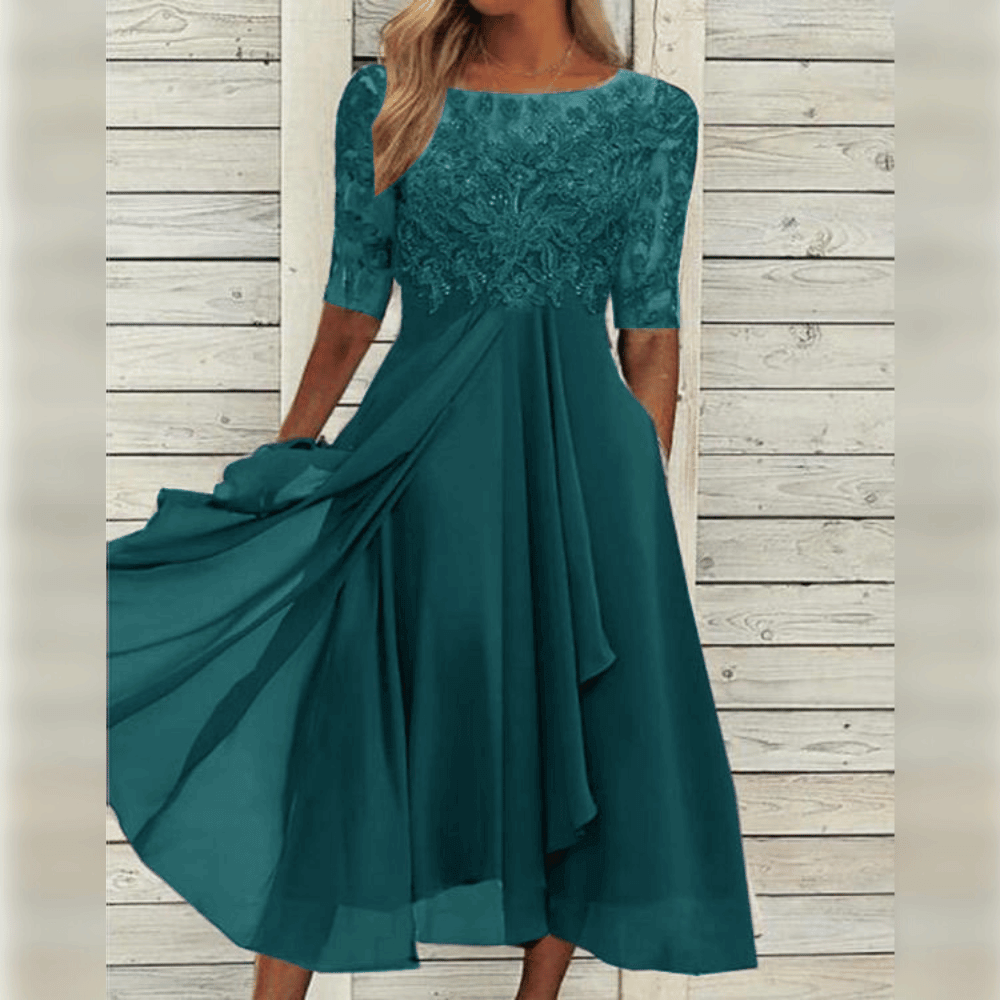 Dames Maxi Jurk Kanten Bovenstuk Chiffon Rok Driekwart Mouwen A-lijn Elegant - Blauw / Groen / Paars - Maelen