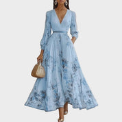 Bloemen Maxi Jurk Dames met Plissé Rok, V-hals en Lange Mouw - Aurora Bellini