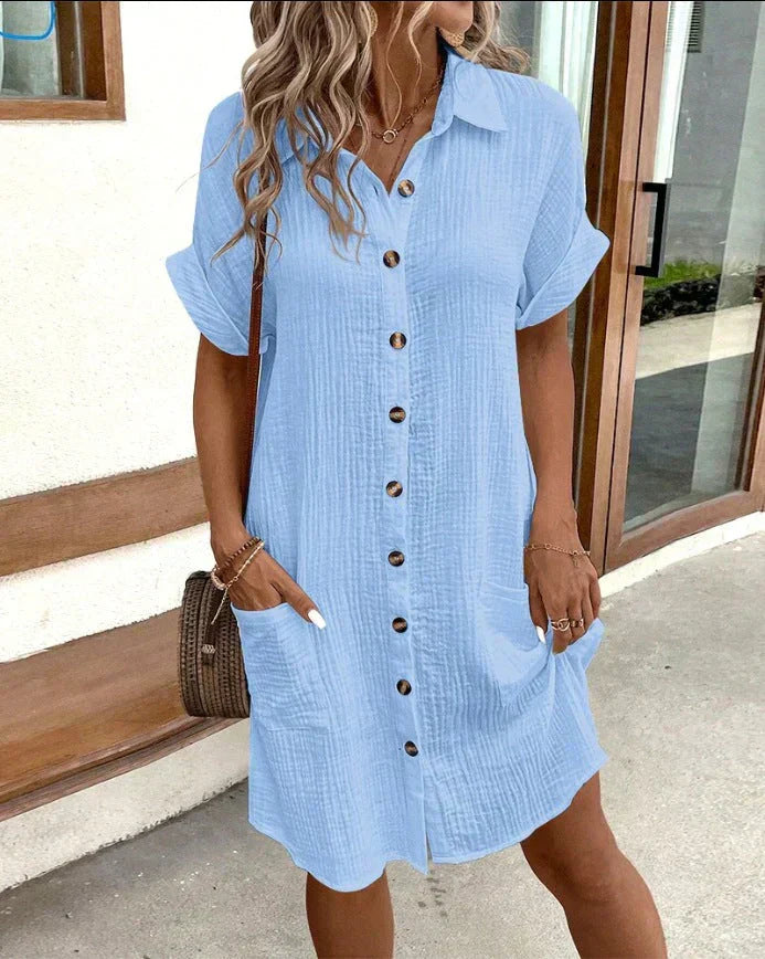 Midi Jurk Dames Polo met Knoopsluiting Korte Mouwen en Steekzakken - Wit / Geel / Blauw - Maelen