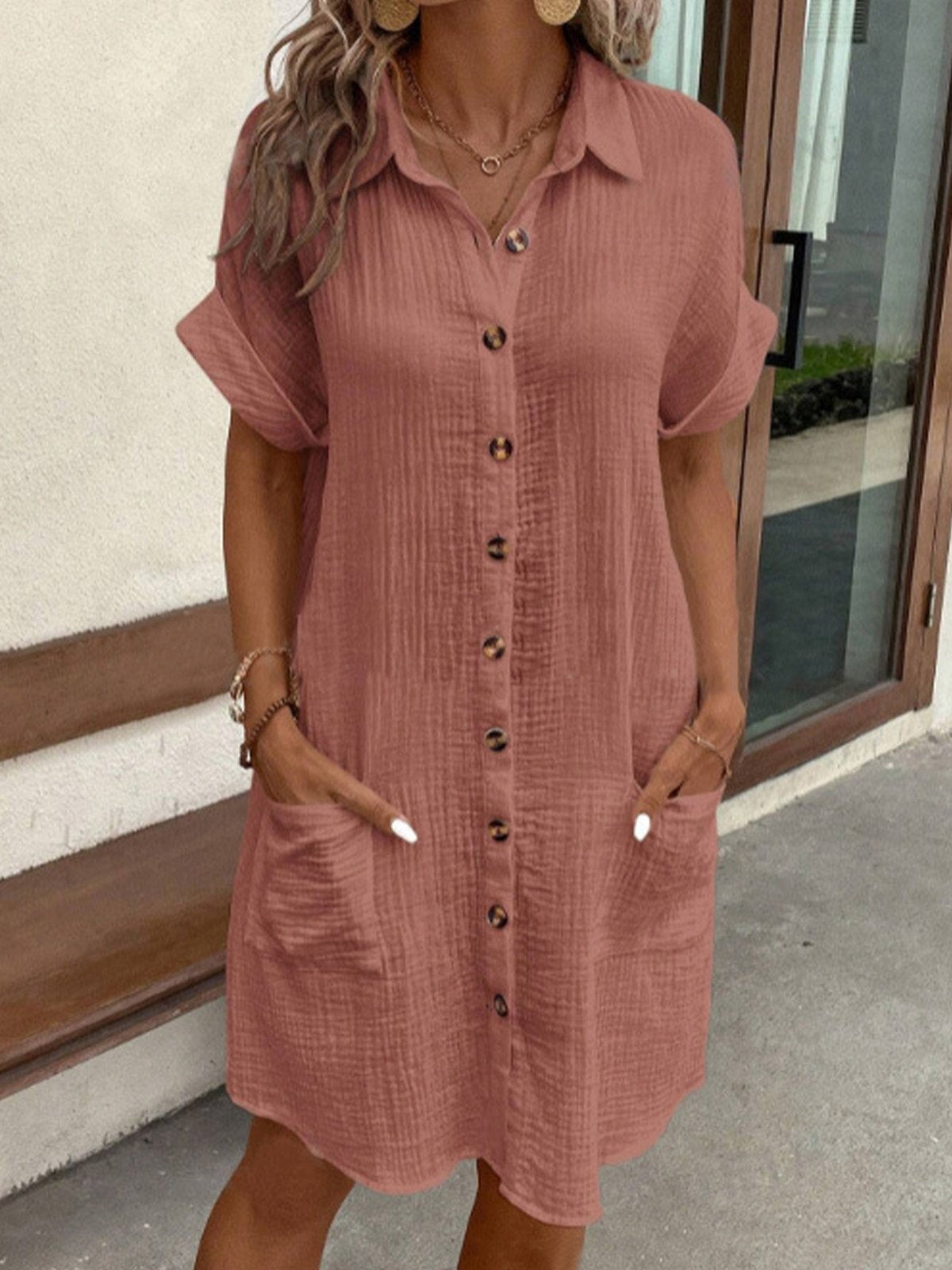 Midi Jurk Dames Polo met Knoopsluiting Korte Mouwen en Steekzakken - Wit / Geel / Blauw - Maelen