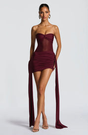 Strapless Mini Jurk Dames met Uitlopende Rok en Open Rug - Geel / Zwart / Rood - Maelen