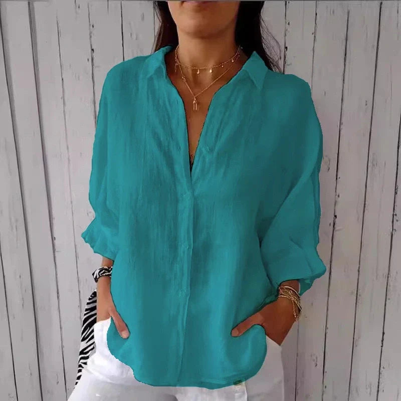 Aelita Blouse | Katoen-Linnen Damesblouse met Knoopsluiting en Opgerolde Mouwen