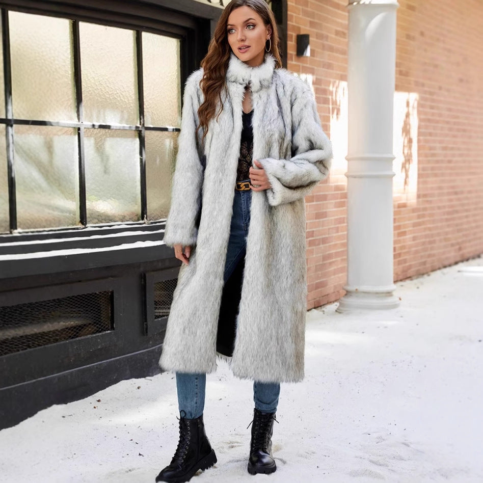 Elisabetta Kunstbont Jas | Lange Dames Jas van Zacht Faux Fur met Hoge Kraag en Zakken