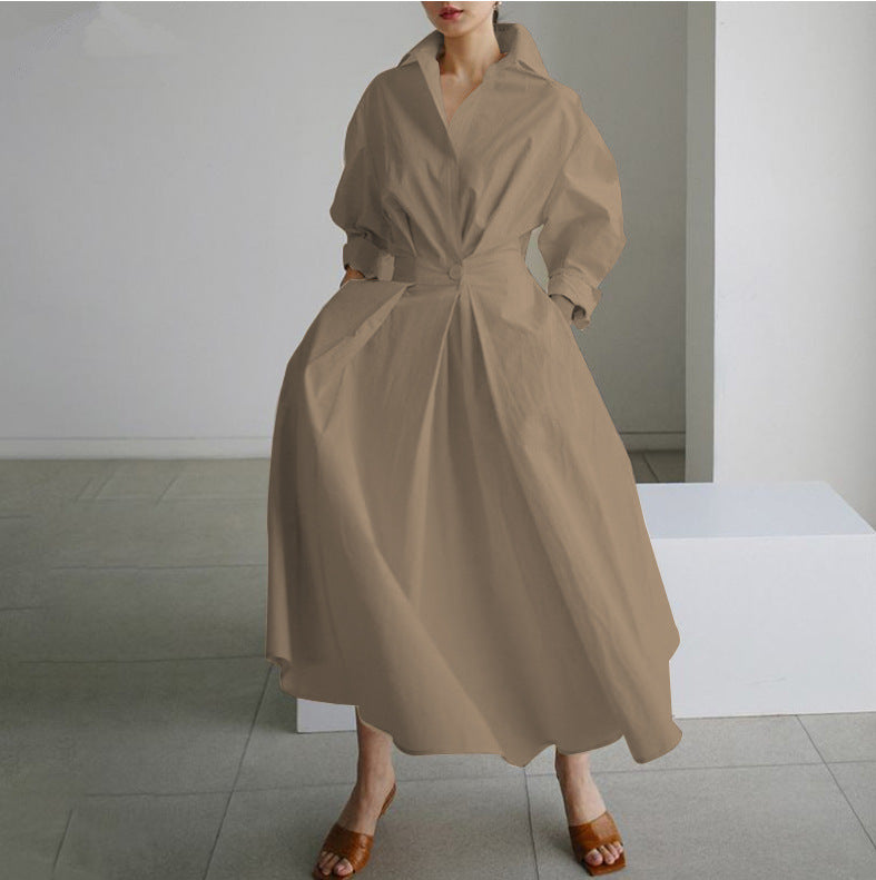 Dames Maxi Blousejurk V-hals Lange Mouwen Knopen Elegant Casual - Marineblauw / Zwart / Khaki - Maelen