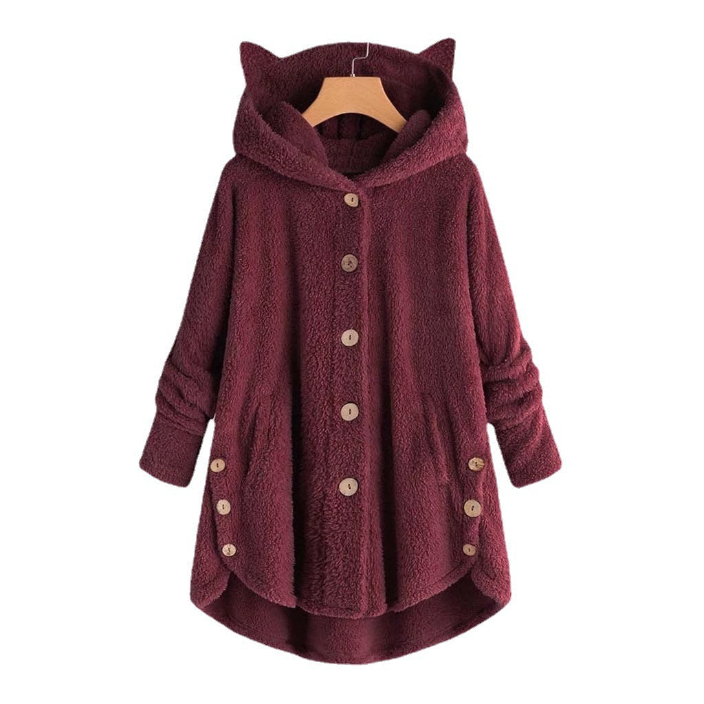 Mia Plush Coat | Oversized Damesjas met Kattenoren Capuchon en Knoopsluiting