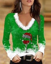 SNOW kersttrui dames – V-hals trui met wijnglas print & fluffy kraag