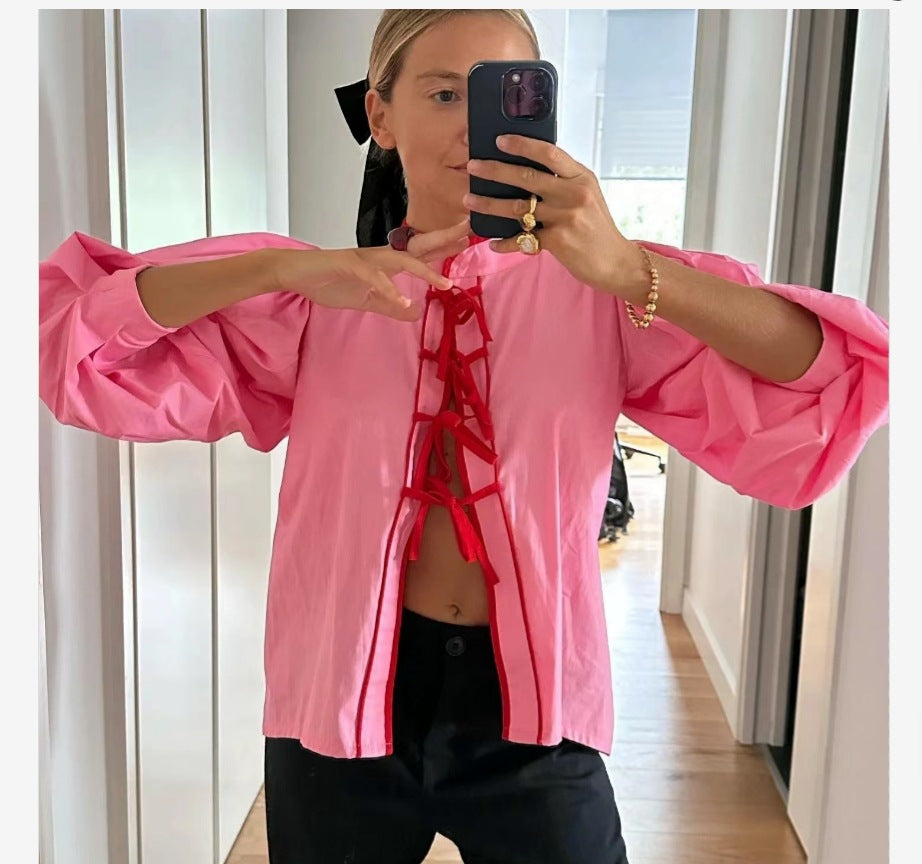 Chiara Blouse | Elegante Damesblouse met Ballonmouwen en Subtiel Kordeldetailv