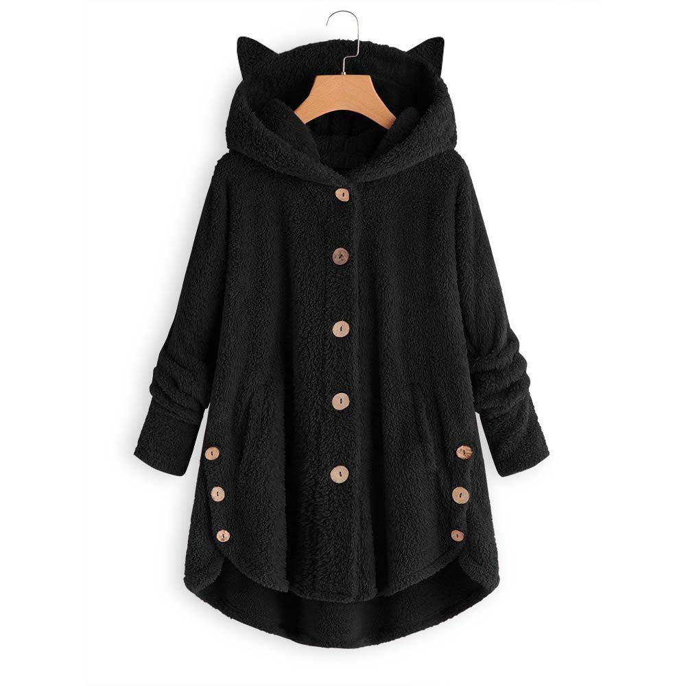 Mia Plush Coat | Oversized Damesjas met Kattenoren Capuchon en Knoopsluiting
