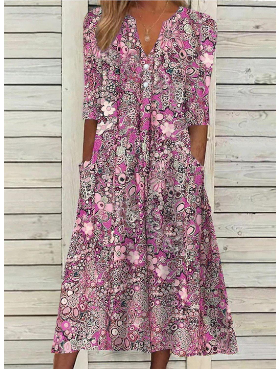 Zomerjurk Dames V-hals Korte Mouwen Casual Bloemenprint - Rood / Blauw / Roze - Maelen