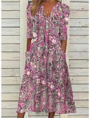 Zomerjurk Dames V-hals Korte Mouwen Casual Bloemenprint - Rood / Blauw / Roze - Maelen
