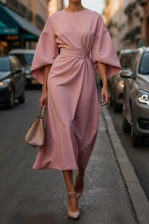 Dames Midi Jurk Wijde Mouwen Tailleband Gedrapeerd Aansluitend - Zwart / Marineblauw / Beige - Maelen