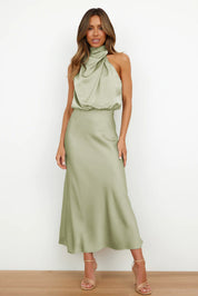 Dames Satijnen Maxi Jurk Halternek Mouwloos Bruiloft Gast - Beige / Zwart / Groen / Roze - Maelen