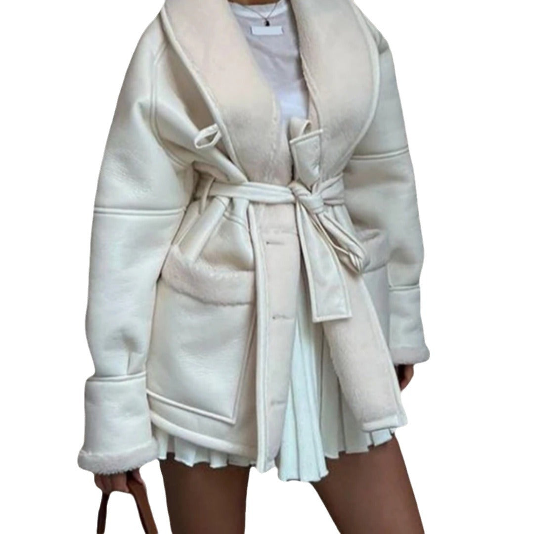 Elena Wrap Jas | Damesjas van Zacht Kunstleer met Bontkraag en Tailleceintuur